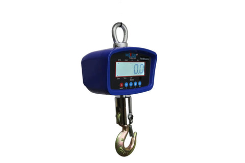 Built Like a Tank Digital Crane Scale Featuring Ultra Crisp Lcd Display And 2000 Lb Capacity in blue with silver hook.