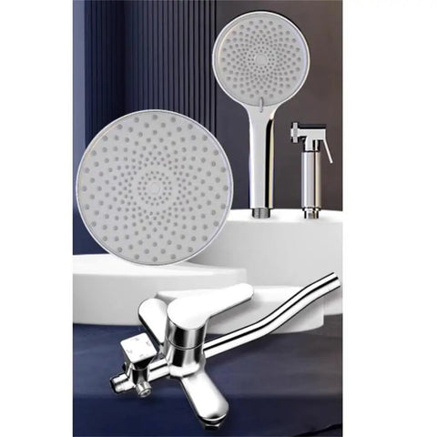 Top Shelf Bathroom Handheld Shower Set With Surface Mounted Faucet And Rust Proof 304 Stainless Steel Body featuring a round shower head and faucet.