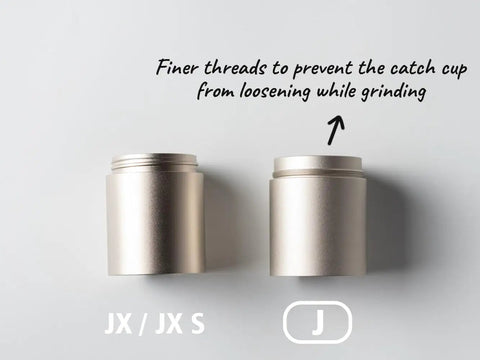 Barista-Grade Manual Coffee Grinder With 48mm Stainless Steel Conical Burr showing finer threads for secure catch cup attachment.