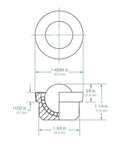 Technical diagram of MBT One Drop-In Style Machined Mounted Ball Transfer, Carbon Steel, dimensions labeled, one inch diameter.