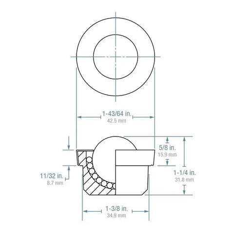 Technical diagram of MBT One Drop-In Style Machined Mounted Ball Transfer, Carbon Steel, dimensions labeled, one inch diameter.