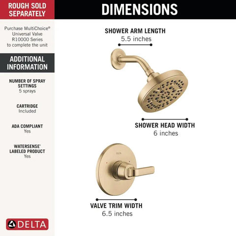 Slick Brushed Gold Shower Trim Kit Featuring Five Setting Showerhead And Intense Full Body Spray. Total Daily Bathroom Upgrade, Slay Your Routine. Reliable Plumbing Fixture For Any Home.
