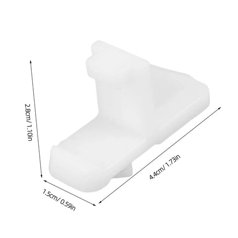 Close-up of a white clip from Ten Pack Refrigerator Shelf Support Clips And Freezer Bracket Set, dimensions labeled