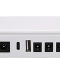 Heavy Duty 20800mAh Mini UPS Battery Backup For Network Routers And Cable Modems Keeps Your WiFi Running Solid Through Grid Snags With Rapid Recharge And Straight Plug Setup For Zero Drama Work From Home, showing input and output ports.