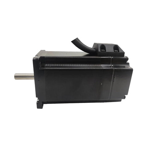 Side view of YK260EC86E1 KZ01 Closed Loop Stepper Motor With Encoder for precise motion control, showcasing the metallic shaft and connector cable.