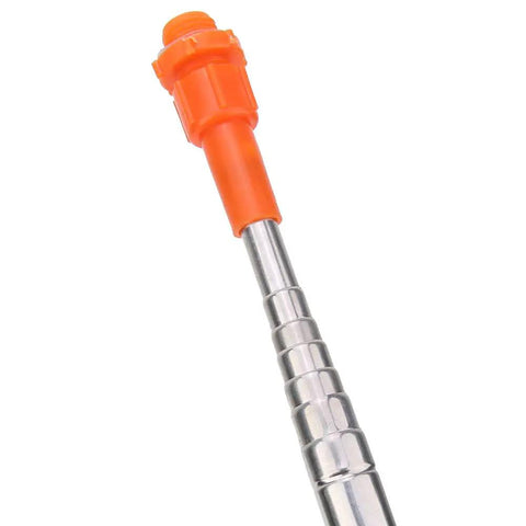Close-up of 2.6m Stainless Steel Spray Extension Pole For Garden Sprayers Telescoping Portable Sprayer Wand with orange nozzle.