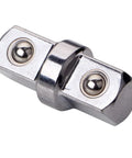Close-up of chrome-plated double-ended socket sleeve adapter for 3/8-in drive with hexagonal connector