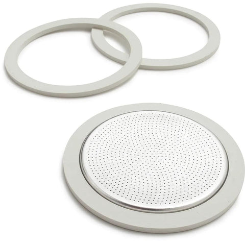Set of two gray rubber gaskets and a metal 9-cup moka pot filter disc