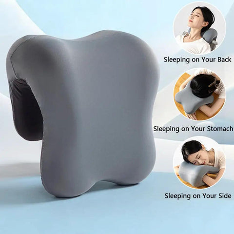 Cozy Ergonomic Office Chair Headrest With Memory Foam Neck Support Pillow shown with versatile sleeping options, grey