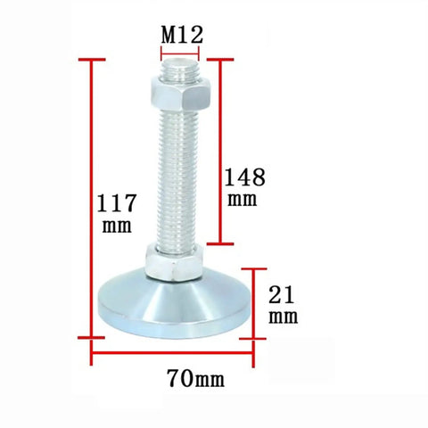 Rock Solid Adjustable Leveling Feet Crafted From Reinforced Carbon Steel For Heavy Cabinetry 148 mm tall with M12 support.