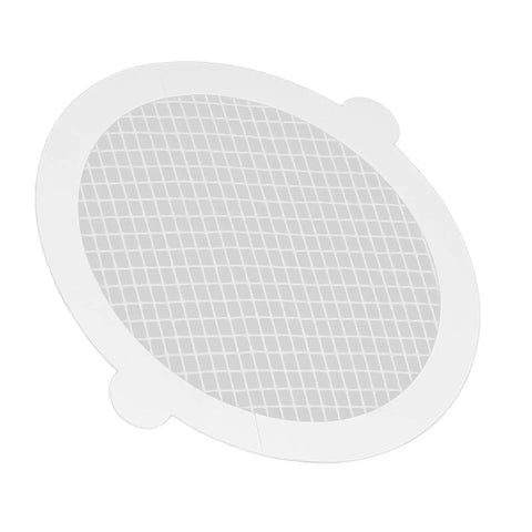 Saluaqui Fiberglass Shower Drain Hair Catcher 50pcs 11cm showing a round white mesh design for effective hair trapping in drains.