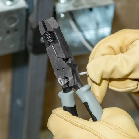 9 Inch Journeyman High Leverage Side Cutting Pliers With Crimper Fish Tape Puller And Wire Stripper Pro Grade Electrician Tool in use