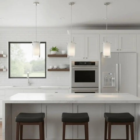One Light Pendant Light With Clear And Frosted Glass Shade, Brushed Nickel Finish in modern white kitchen
