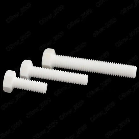 Heavy Duty PTFE Plastic Hex Cap Bolts M14 X 2.0 Pitch By 40Mm Long Pack Of 10 shown in three sizes on a black background.