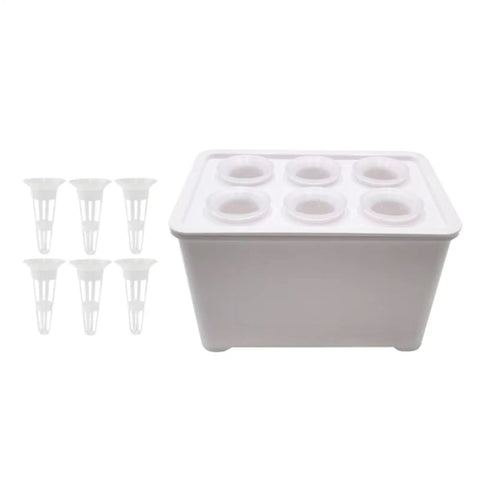 Six Holes Seedling Kit For Hydroponics Growing System with white PP planting box and six net pots, ideal for home gardens.