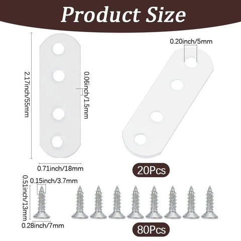 DIY Furniture Fix Kit White Metal Flat Brackets For Tables And Chairs 20 Plates With 80 Screws 2.16 By 0.71 Inch 4 Hole
