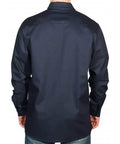Back view of Built For Welders And Linemen Flame Resistant Button Up Work Shirt Navy 6.6oz 100 Percent FR Cotton Long Sleeve Size Large