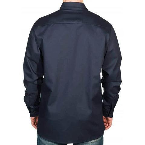 Back view of Built For Welders And Linemen Flame Resistant Button Up Work Shirt Navy 6.6oz 100 Percent FR Cotton Long Sleeve Size Large