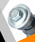 Close-up of front sway bar end link bolt head with metal plate and black mounting bushing.
