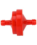 Red inline gas fuel filter, side view, for lawn mower quarter inch ID 150 micron, part of 10 Pack Inline Gas Fuel Filters For Lawn Mower.