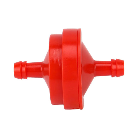 Red inline gas fuel filter, side view, for lawn mower quarter inch ID 150 micron, part of 10 Pack Inline Gas Fuel Filters For Lawn Mower.