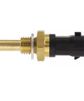Side view of engine coolant temperature sensor, brass body with threaded fitting and black plastic connector.