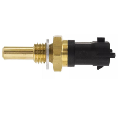 Side view of engine coolant temperature sensor, brass body with threaded fitting and black plastic connector.