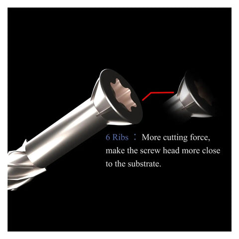 Close-up of flat head heavy duty stainless steel self-tapping screws with T25 drive showcasing 6 ribs for woodworking projects.