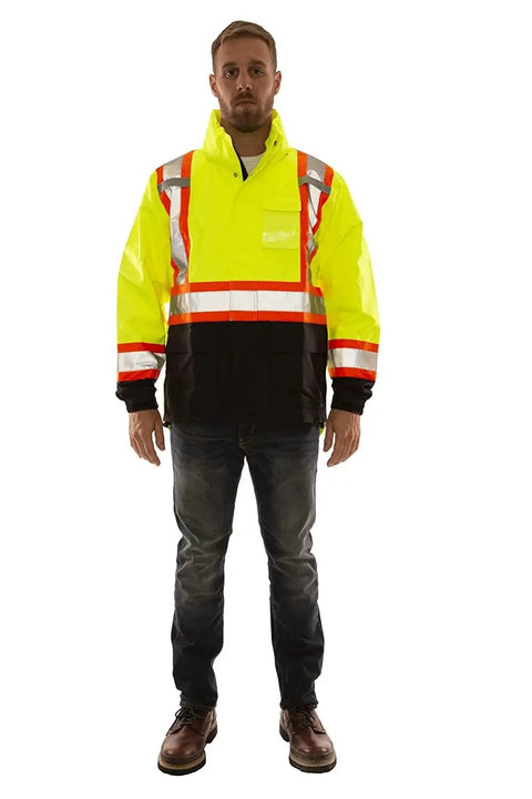 High Visibility Jacket With Detachable Hood For Outdoor Work Extra Large Fluorescent Yellow Green And Black ANSI ISEA 107 Type R Class 3