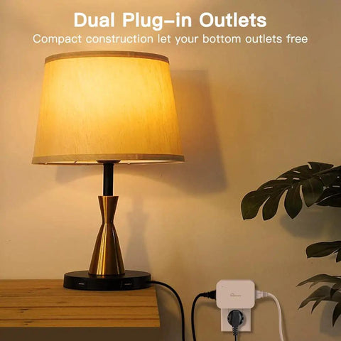 Smart Dimmer Plug For Dimmable Lamps And Lights, 300W Max, dual outlets in use with table lamp for mood lighting.