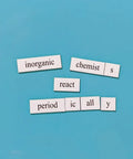 Word Magnet Kit For Science Nerds And Pros, Hilarious Poems And Prose For College To PhD, on blue background with chemistry tiles.