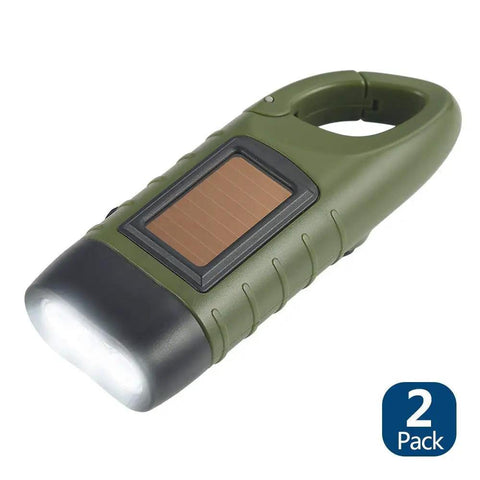 Two Pack Hand Crank Solar Powered Flashlights For Emergency Use Rechargeable LED Survival Torch With Dynamo Power Quick Snap Carabiner Carry Outdoor Gear Essentials For Camping And Hiking Green