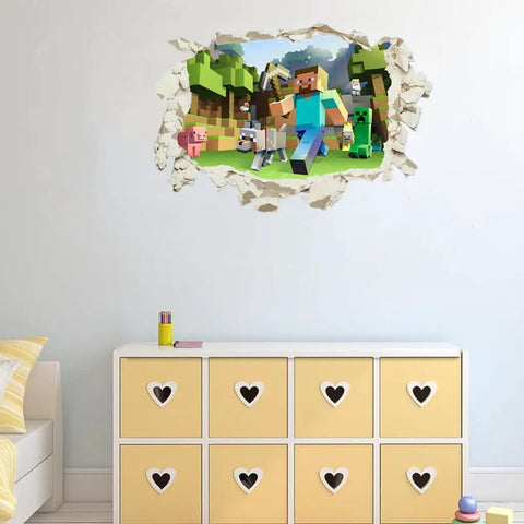 3D Pixel Block World Wall Sticker For Kids Room, Boys Bedroom Wall Art Poster Mural, Eco Friendly Vinyl Decor, 40 By 60 Cm Peel And Stick Wall Sticker, Fun Gift For Gaming Fans on wall above heart-themed drawer.