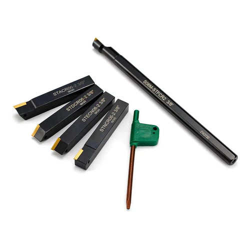 Three Eighths Inch Shank Lathe Turning Tool Set With 5 Indexable Inserts And Holders For External And Internal Turning