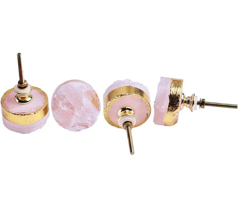 Rose Quartz Crystal Cabinet Knobs Set of 4 Gold Plated Round Dresser and Cupboard Drawer Handles Pink Stone Kitchen Cabinet Hardware