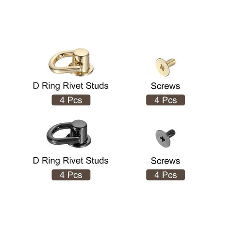 Five Piece D Ring Stud Screw Ball Head Button Rivets Set With Steel Punch Tool And Screwdriver For DIY Leather Craft Purse Hardware Handbag Belt Dog Collar Gold Finish, 4 pcs gold and black D ring rivet studs and screws