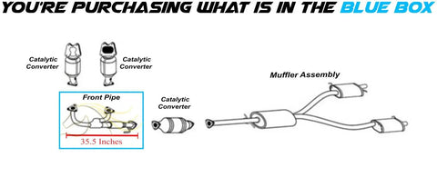 Diagram showing Exhaust Front Flex Pipe For Honda Pilot 2012 To 2015 3.5L Stainless Steel 409 with catalytic converters and muffler assembly.
