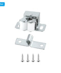 Smooth As Butter Stainless Steel Cabinet Latch Set With Double Roller Catch And Spear Strike Plate Including Mounting Screws For No Sweat Closet Hardware Upgrades, showing two catches and screws.