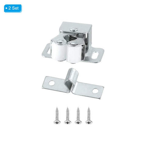 Smooth As Butter Stainless Steel Cabinet Latch Set With Double Roller Catch And Spear Strike Plate Including Mounting Screws For No Sweat Closet Hardware Upgrades, showing two catches and screws.