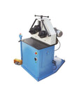 Professional Grade Industrial Strength Heavy Duty Pinch Roll Bender Machine For Rolling Pipe Flat And Round Steel With Knockout Performance and No Sweat Workshop Setup, blue and white design, front angle view.