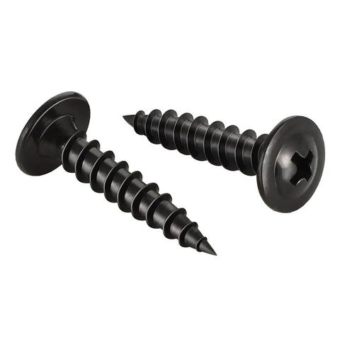 No. 10 By One And A Half Inch Modified Truss Head Wood Screws, Phillips Drive Self Tapping, Fully Threaded, Black Coated, side view