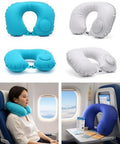 Various colors of U Shaped Travel Neck Pillow With Built In Press Pump For Quick Inflation in airplane seats and display angles.