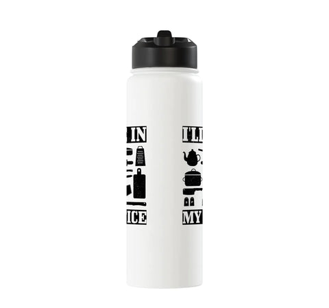 Stainless steel insulated water bottle with "I Will Be In My Office" text for cooking and baking foodies, dishwasher safe.