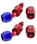 Ultra Durable AN4 Braided Fuel Hose Line Kit With Stainless Steel Fittings For Gas Oil Methanol And Brake Fluids In Zero 45 90 Degree Angles To Boost Your Ride Performance Today. red and blue AN4 braided fuel hose fittings, 45 degree angle