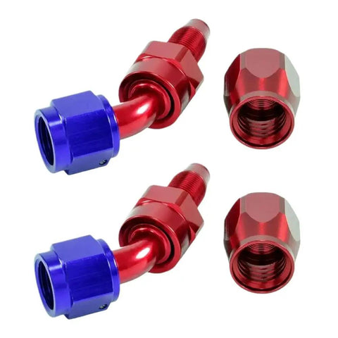 Ultra Durable AN4 Braided Fuel Hose Line Kit With Stainless Steel Fittings For Gas Oil Methanol And Brake Fluids In Zero 45 90 Degree Angles To Boost Your Ride Performance Today. red and blue AN4 braided fuel hose fittings, 45 degree angle