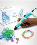 3D Printing Pen With Display And Starter PLA, Stencil Book Plus Project Guide shown with packaging and colorful filament