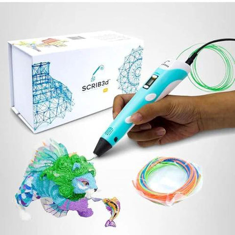 3D Printing Pen With Display And Starter PLA, Stencil Book Plus Project Guide shown with packaging and colorful filament
