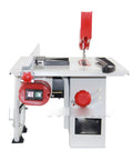 Professional Grade 8 Inch Mini Table Saw Featuring Rigid Work Platform Quick Release Fence And Integrated Push Block For Smooth No Sweat Woodworking Projects, side view showing controls and blade.