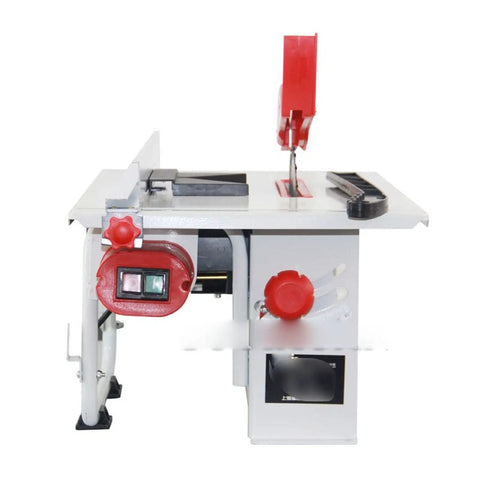 Professional Grade 8 Inch Mini Table Saw Featuring Rigid Work Platform Quick Release Fence And Integrated Push Block For Smooth No Sweat Woodworking Projects, side view showing controls and blade.