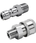 Front and side views of two stainless steel 1/4 in. NPT pressure washer quick-connect fittings with knurled coupling